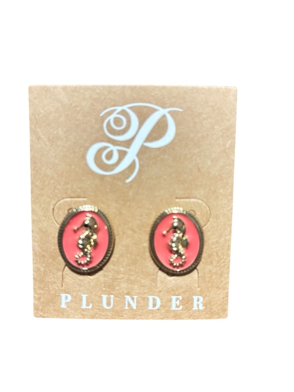 Plunder Coral and Gold Seahorse Oval Stud Earrings